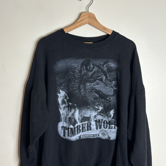 Vintage 90s Timber Wolf Wildlife Black Sweatshirt 2XLarge Graphic Wolf Pullover - Picture 2 of 9